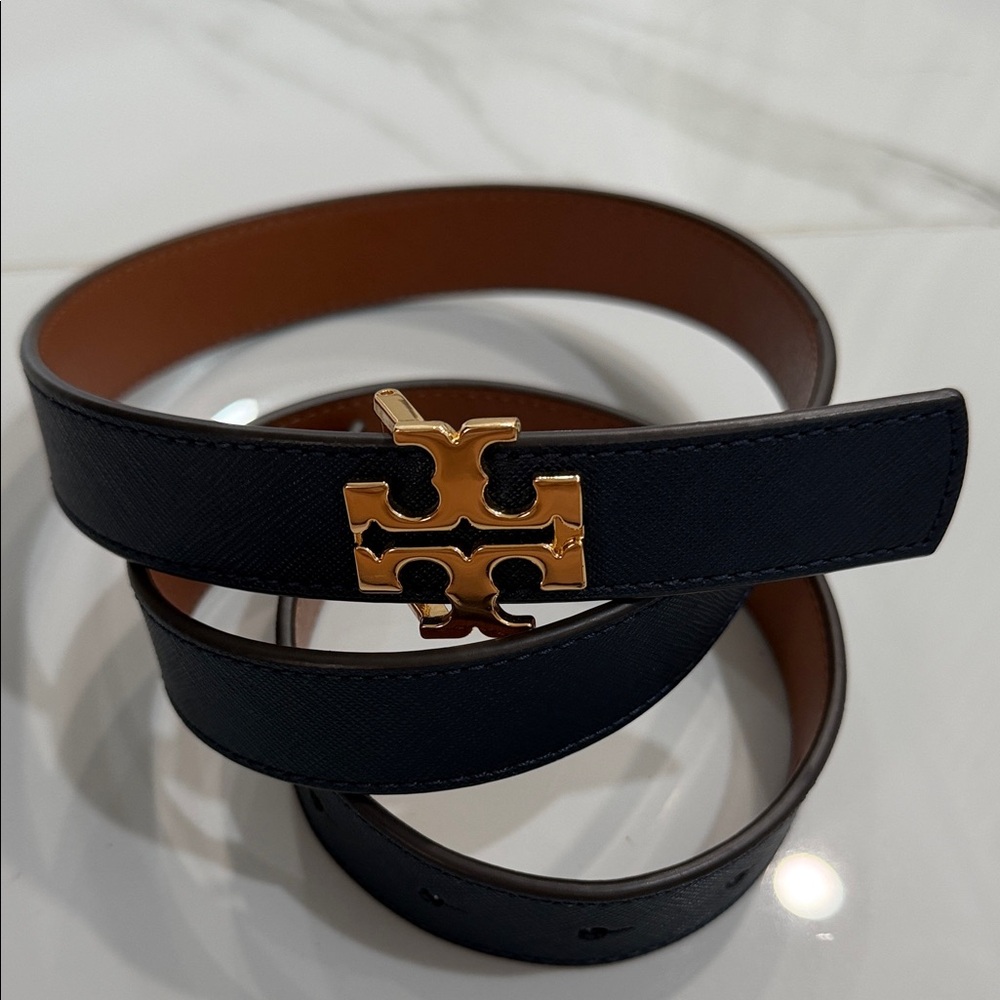 Tory Burch Navy Leather Belt with Gold Emblem